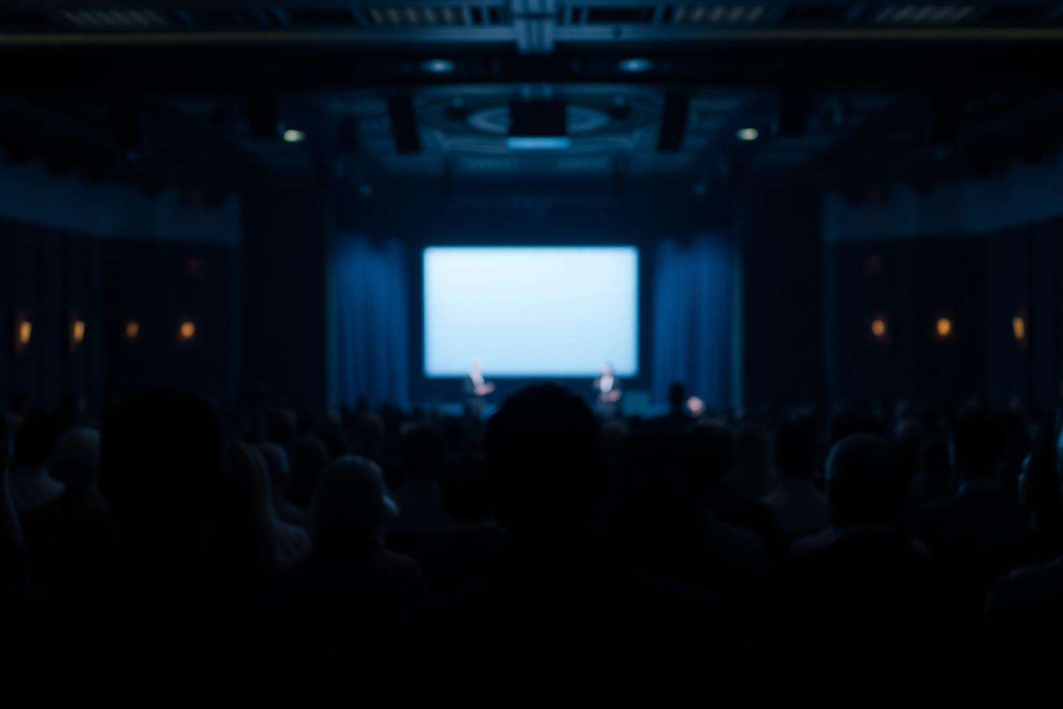 Blurred view of a distant conference slide from the back of an auditorium